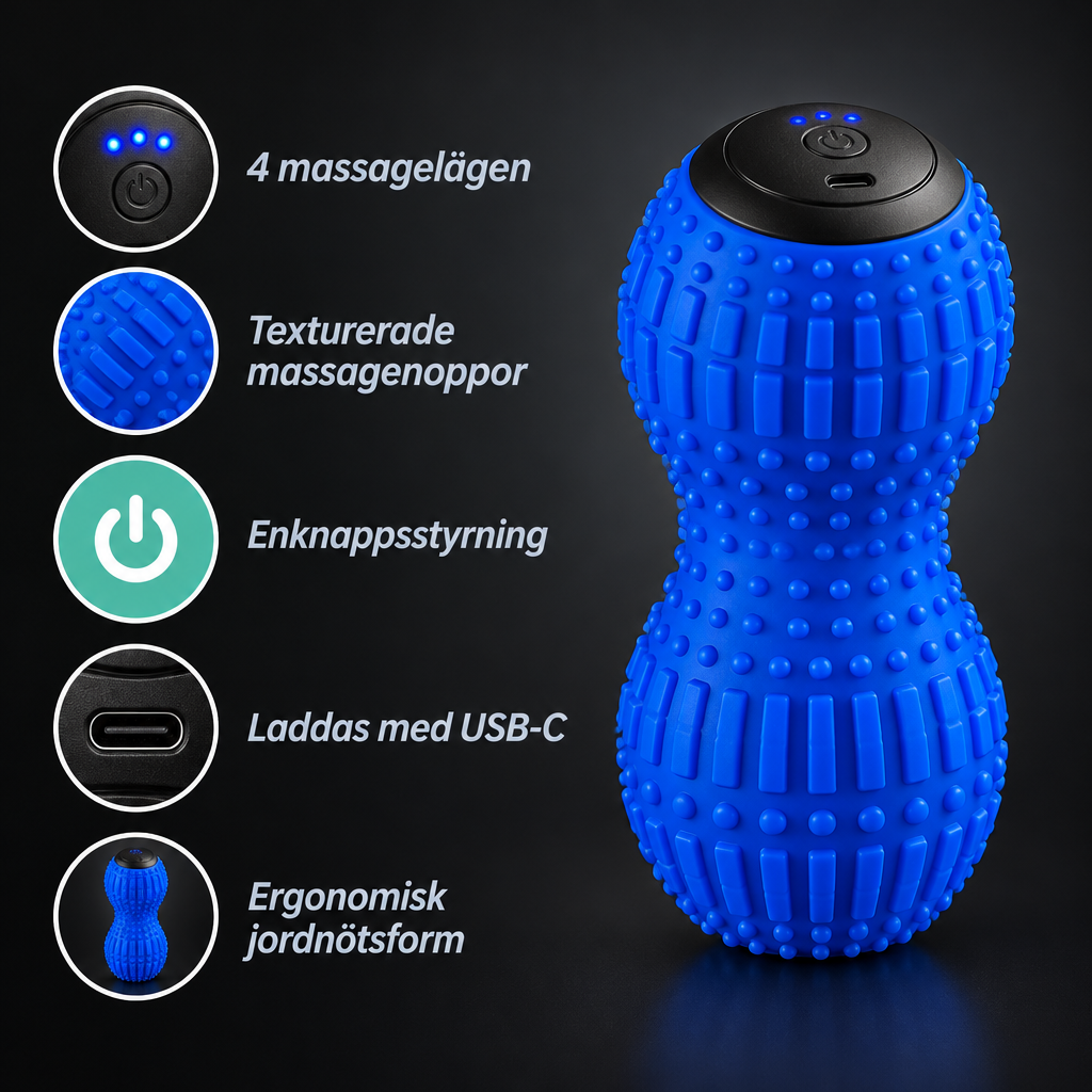 Funktioner: 4 massagelägen, texturerade noppor, en knapp, USB-C